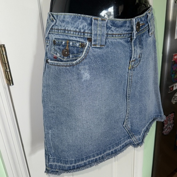 Moto U.K. Design Blue Distressed Denim Mini Skirt Y2K Vintage Style Chic Size 31 - Picture 2 of 10